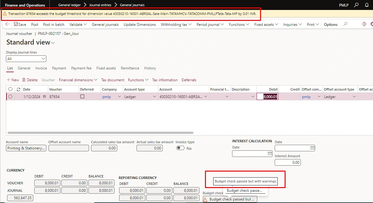 Screenshot — Budget Control must be on Posting on PO while Invoicing (System Must give warning on 80% & must block on 100 % Exceed of Budget)