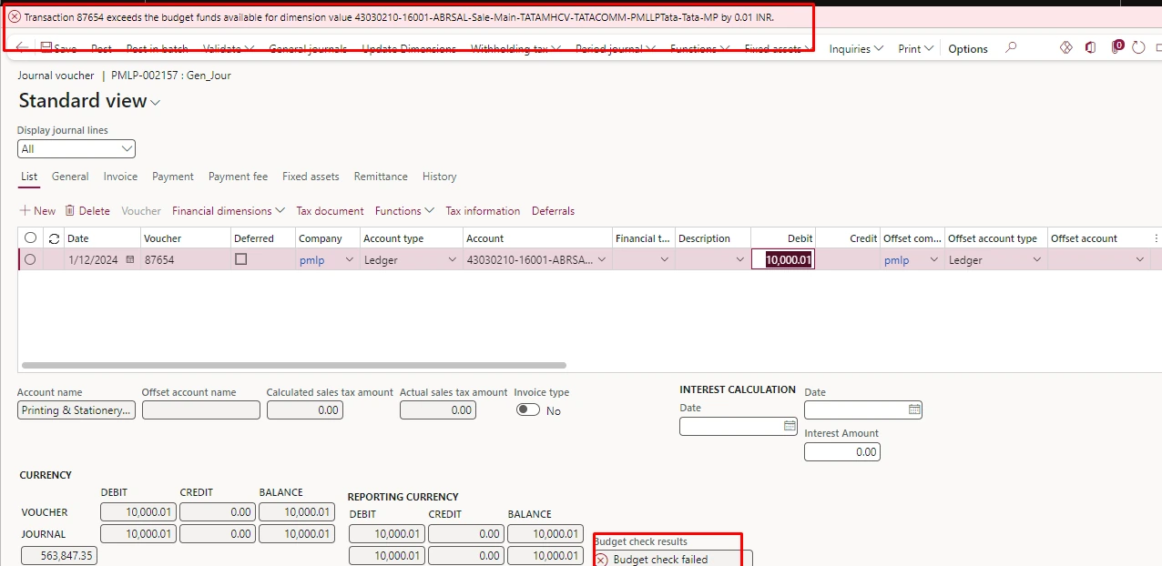 Screenshot — Budget Control must be on Posting on PO while Invoicing (System Must give warning on 80% & must block on 100 % Exceed of Budget)