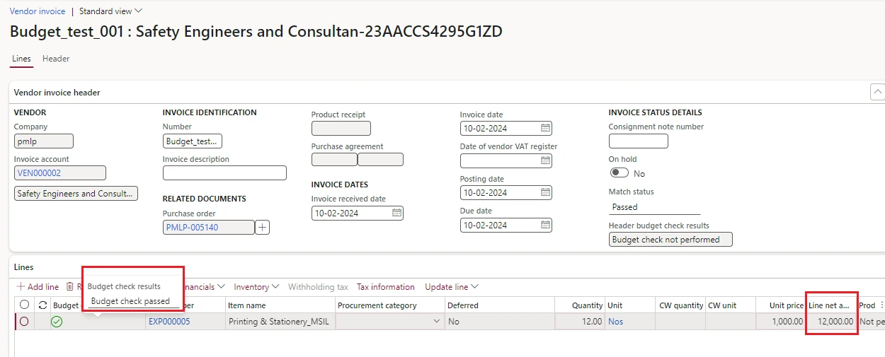 Screenshot — Budget Control must be on Posting on PO while Invoicing (System Must give warning on 80% & must block on 100 % Exceed of Budget)