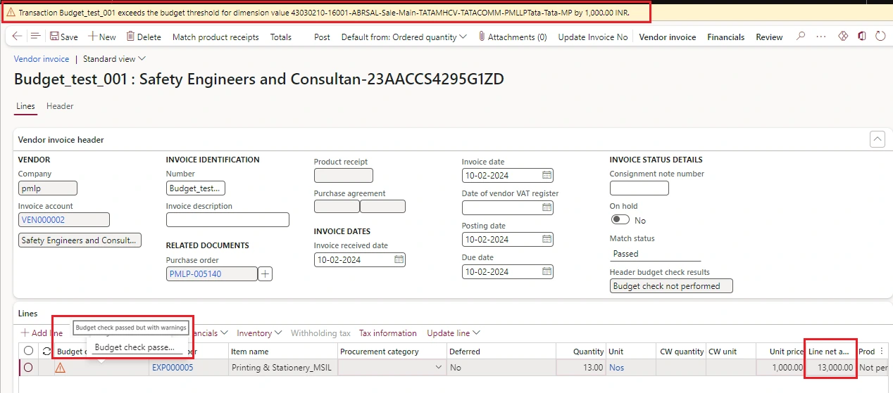 Screenshot — Budget Control must be on Posting on PO while Invoicing (System Must give warning on 80% & must block on 100 % Exceed of Budget)