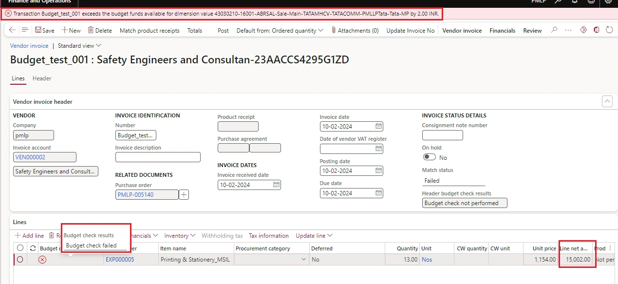 Screenshot — Budget Control must be on Posting on PO while Invoicing (System Must give warning on 80% & must block on 100 % Exceed of Budget)
