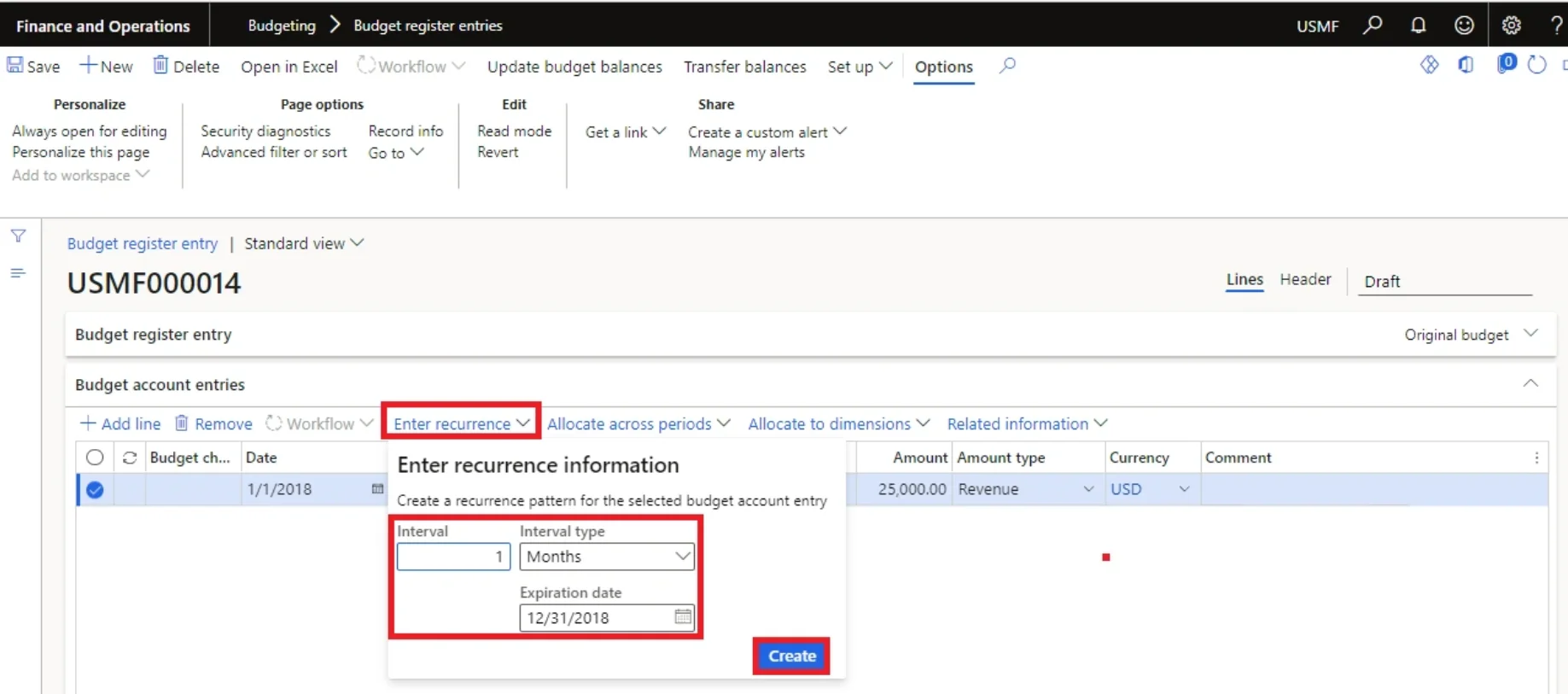 Screenshot — Procedure: Create Recurring Budget Register Entries