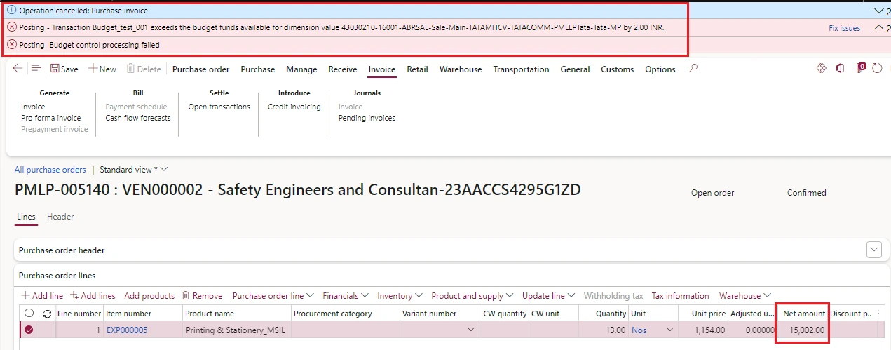 Screenshot — Budget Control must be on Posting on PO while Invoicing (System Must give warning on 80% & must block on 100 % Exceed of Budget)