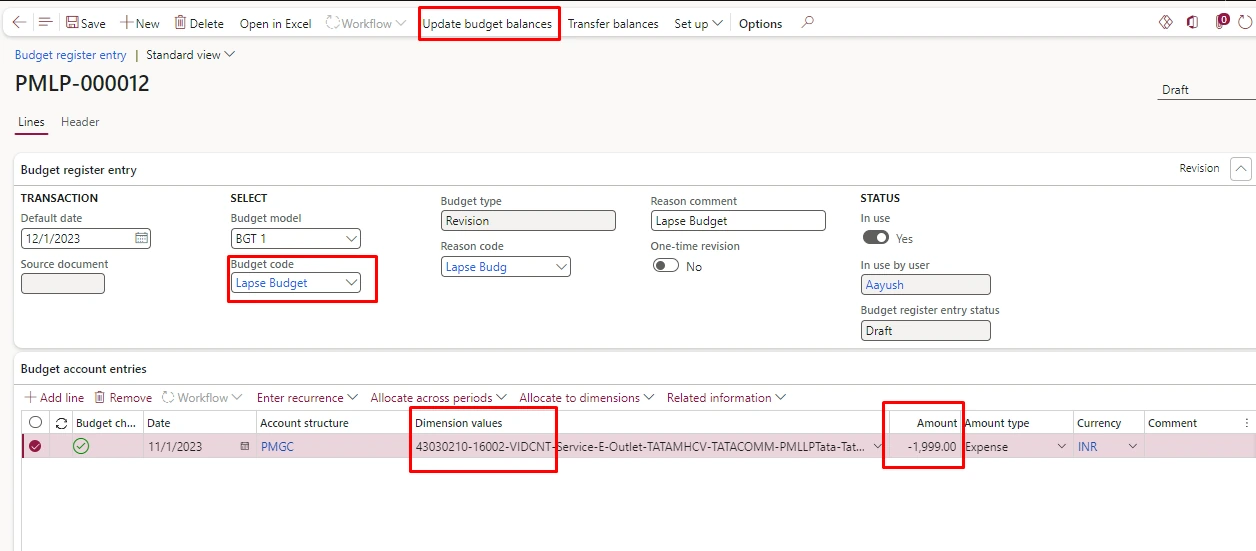Screenshot — Roll over & lapse of Budget will be main account wise.