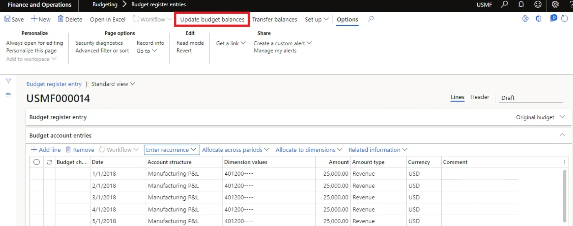 Screenshot — Procedure: Create Recurring Budget Register Entries