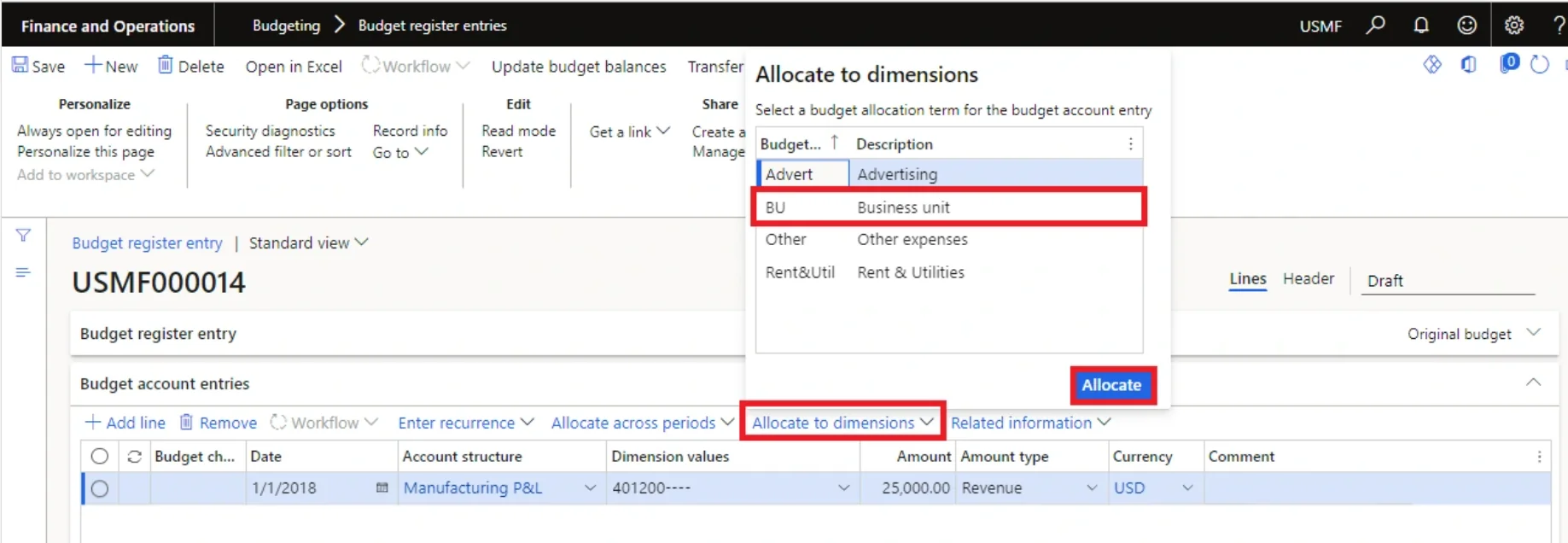 Screenshot — Procedure: Allocate A Budget Amount Across Dimension Values
