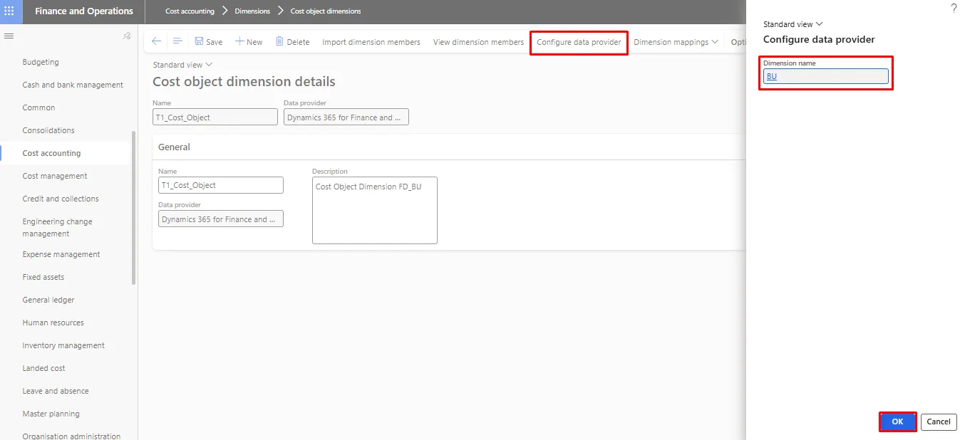 Screenshot — Create a cost object