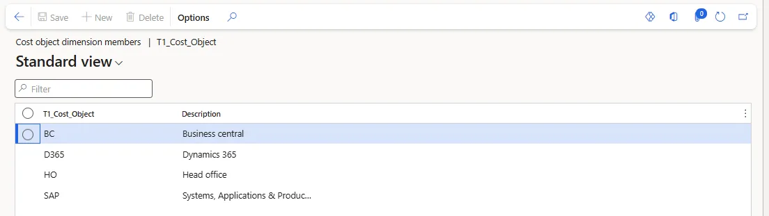 Screenshot — Create a cost object