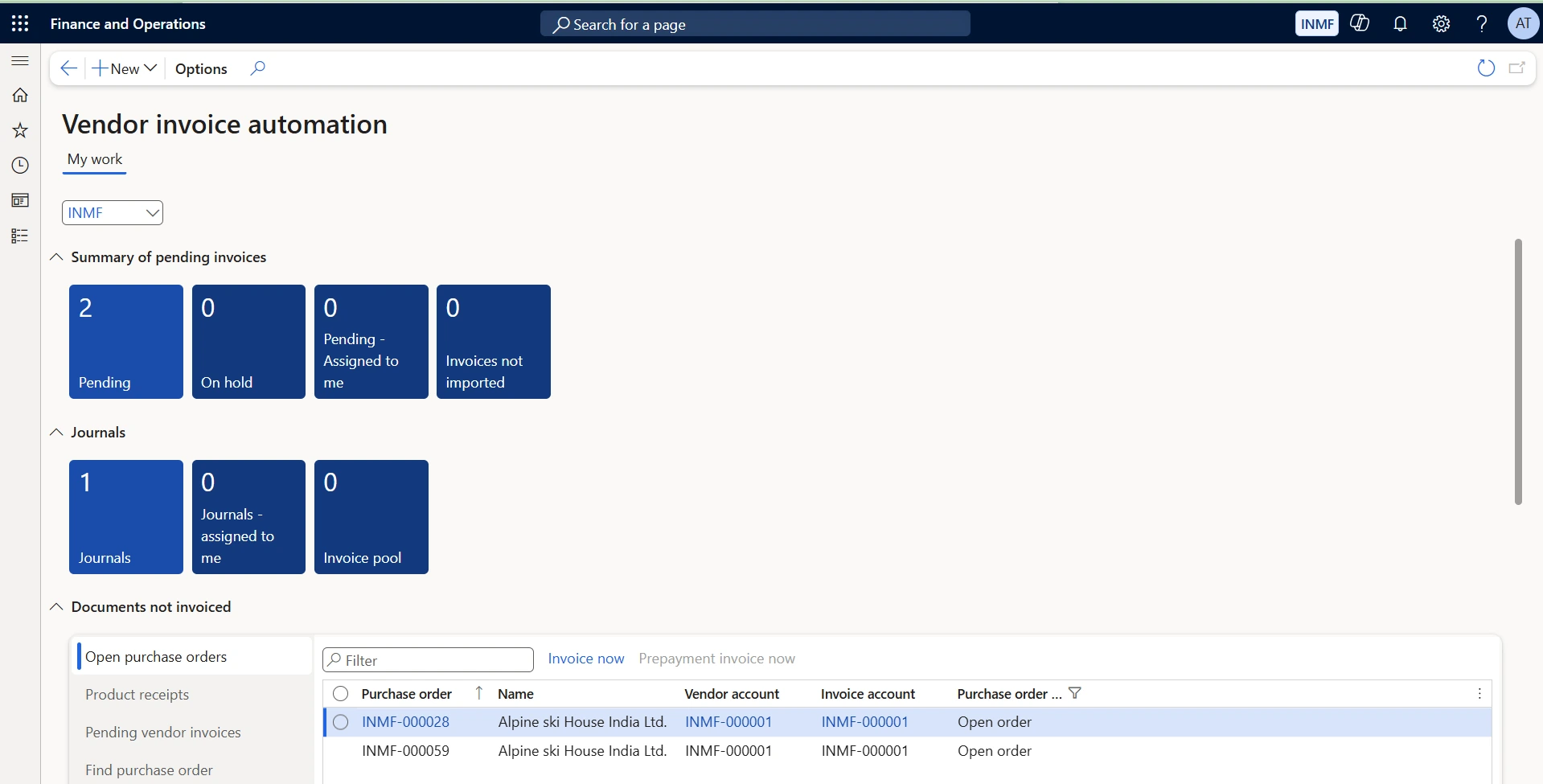 Vendor invoice automation. Shows the same structure for invoices arriving through automated import: pending and on-hold invoices, invoices not imported, journals and invoice pool, with a per-company filter and "Invoice now" and "Prepayment invoice now" actions on the open purchase order list. Use it to supervise touchless processing — the "invoices not imported" tile is the early warning that the inbound feed has failed.