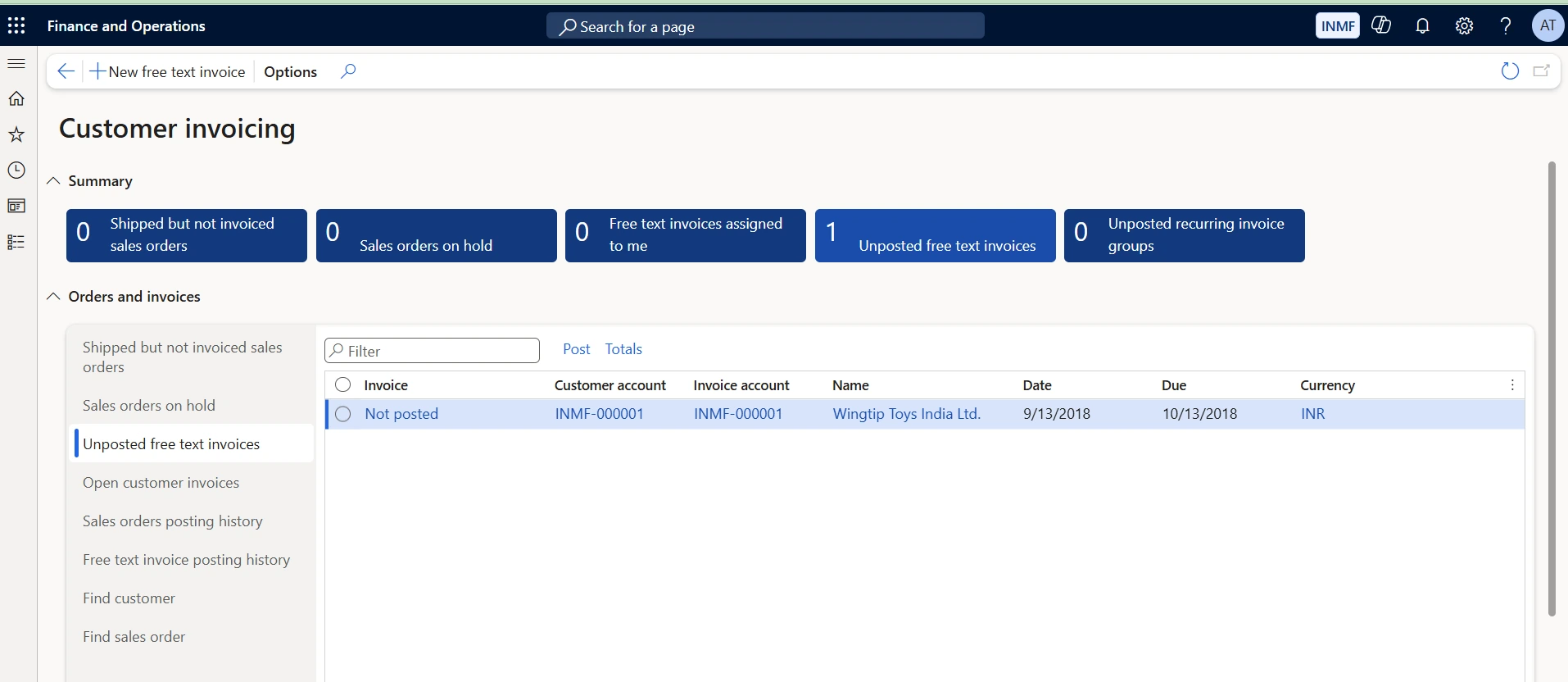 Customer invoicing. Shows shipped but not invoiced sales orders, orders on hold, free text invoices assigned to me, unposted free text invoices and unposted recurring invoice groups, above the orders and invoices list. Use it to clear the billing backlog — the "shipped but not invoiced" tile is revenue already earned, and posting from this page turns it into an receivable the same day.