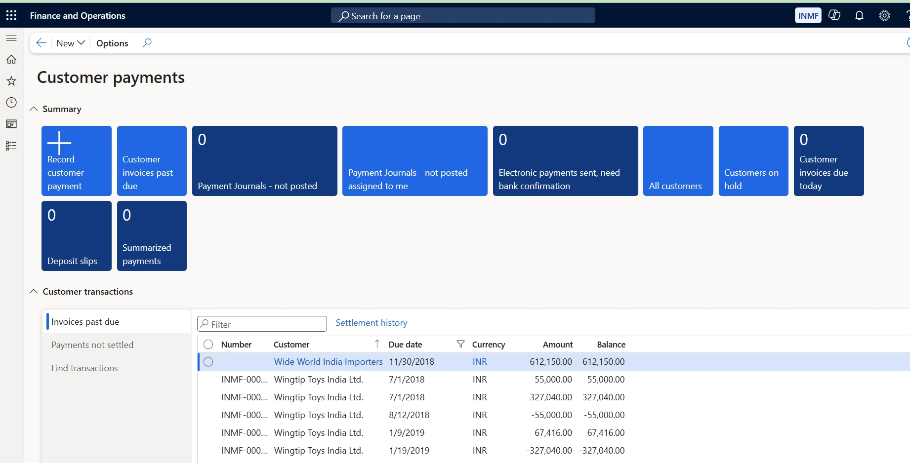 Customer payments. Shows record customer payment, invoices past due and due today, unposted payment journals, electronic payments awaiting bank confirmation, customers on hold, deposit slips and summarized payments, above the customer transaction list. Use it to apply incoming cash — work the unposted journals down to zero, then settle against the past-due invoices so the aging reflects reality.