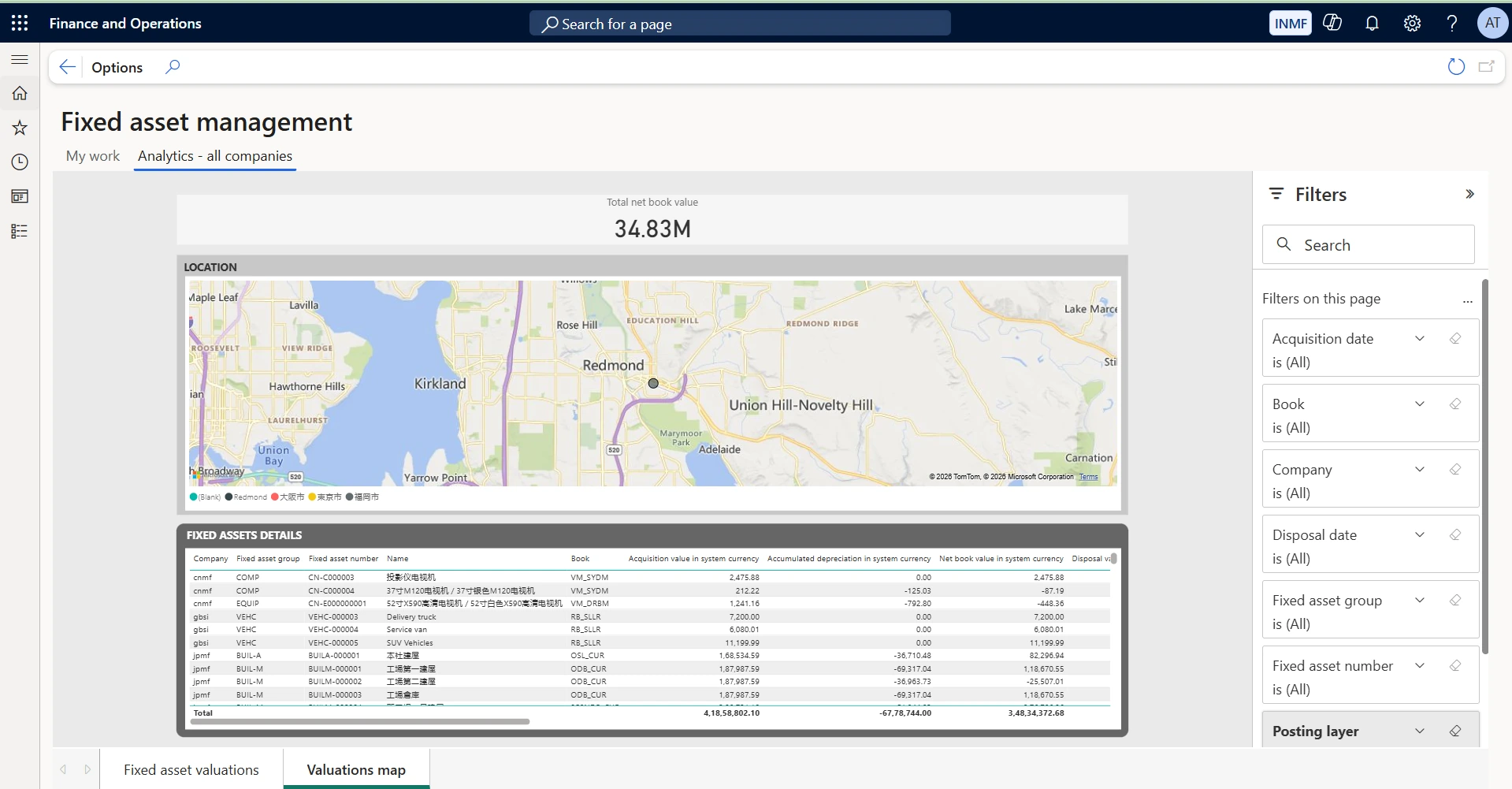 Valuations map. Shows asset locations plotted geographically against total net book value, with the same fixed asset detail beneath. Use it to see where capital is physically deployed, which supports insurance valuation, site-level investment decisions and physical verification planning.
