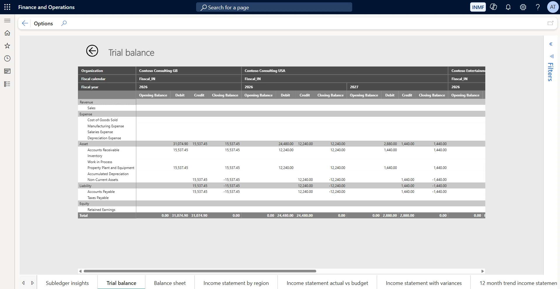 Trial balance. Shows opening balance, debit, credit and closing balance by account category, presented side by side for each legal entity and fiscal year. Use it for a fast pre-close sanity check across entities without running a separate report, and drill from any line into the postings behind it when a balance looks wrong.