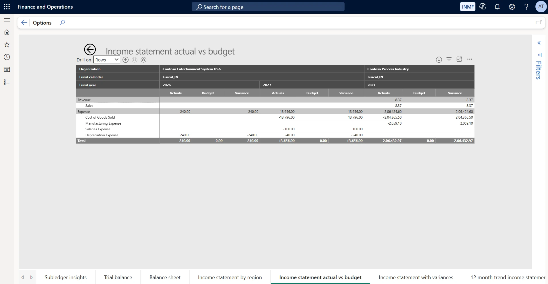 Income statement actual vs budget. Shows actuals, budget and variance by account category, with a drill-on control that pivots the view by rows or by columns. Use it in budget review meetings to move from a summary variance to the account causing it without leaving the page.