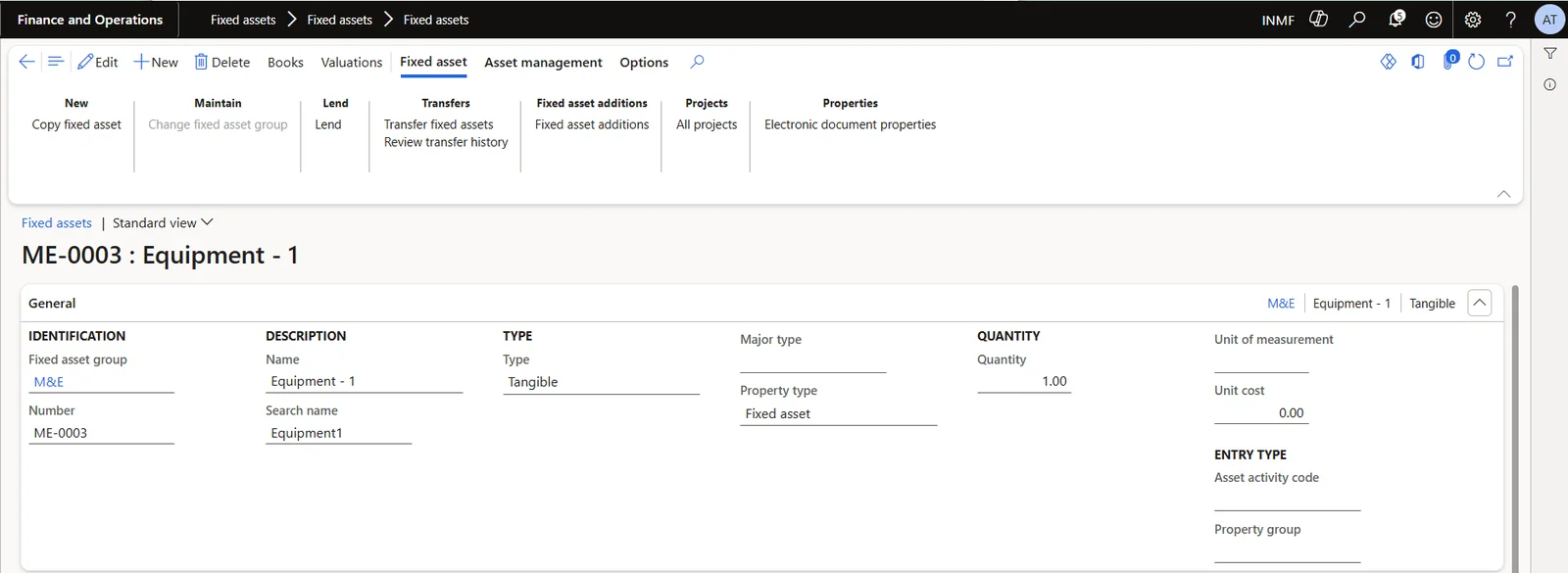Screenshot — Creation of Fixed assets: