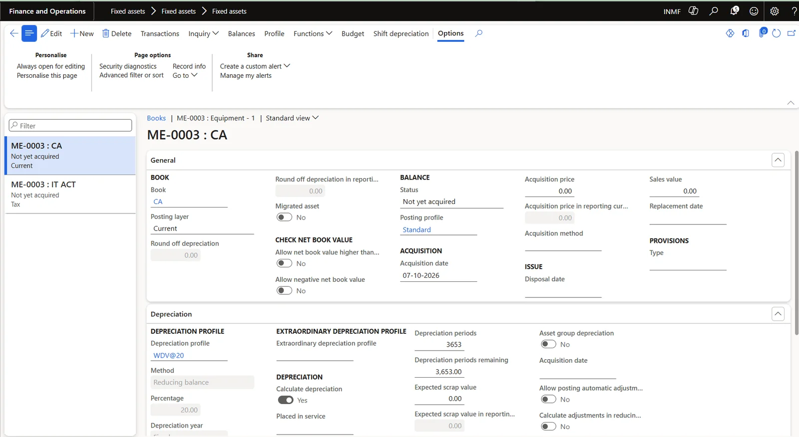 Screenshot — Creation of Fixed assets: