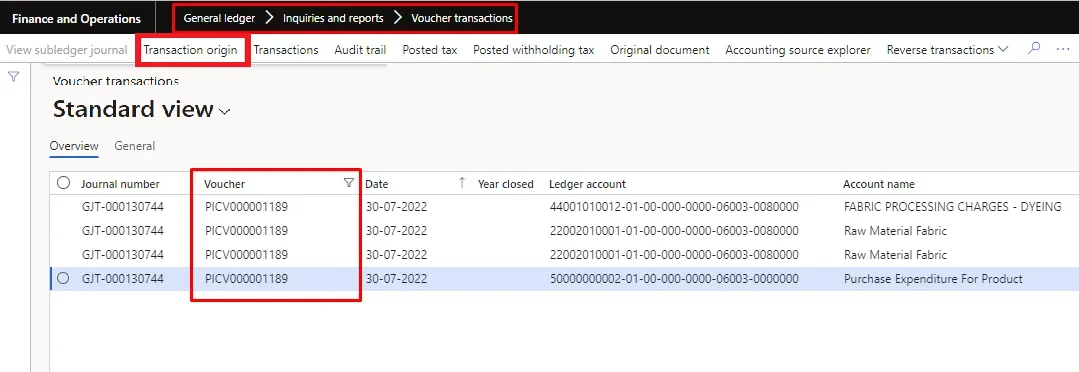 Voucher transactions for the unmatched ledger voucher