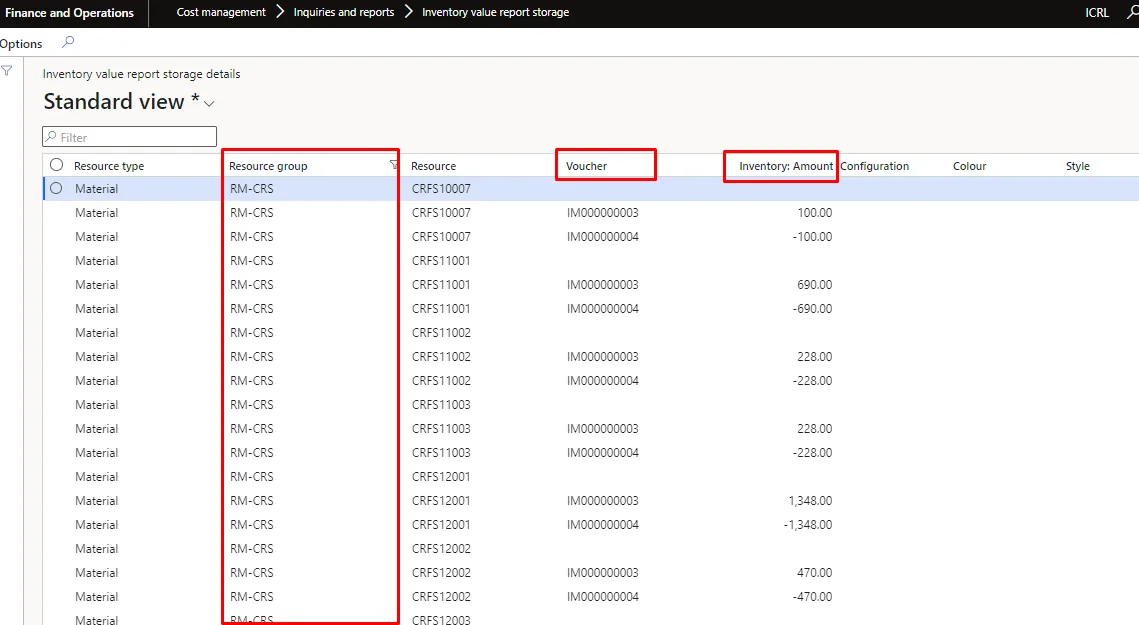 Inventory value report parameters, detailed transactional level