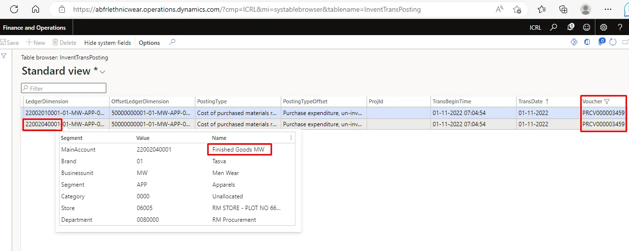 InventTransPosting record showing the account used at the time of posting