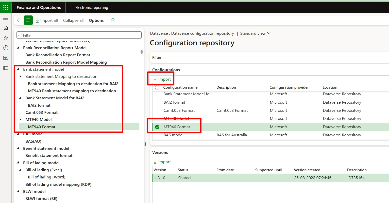 Selecting the MT940 format in the configuration repository and importing it