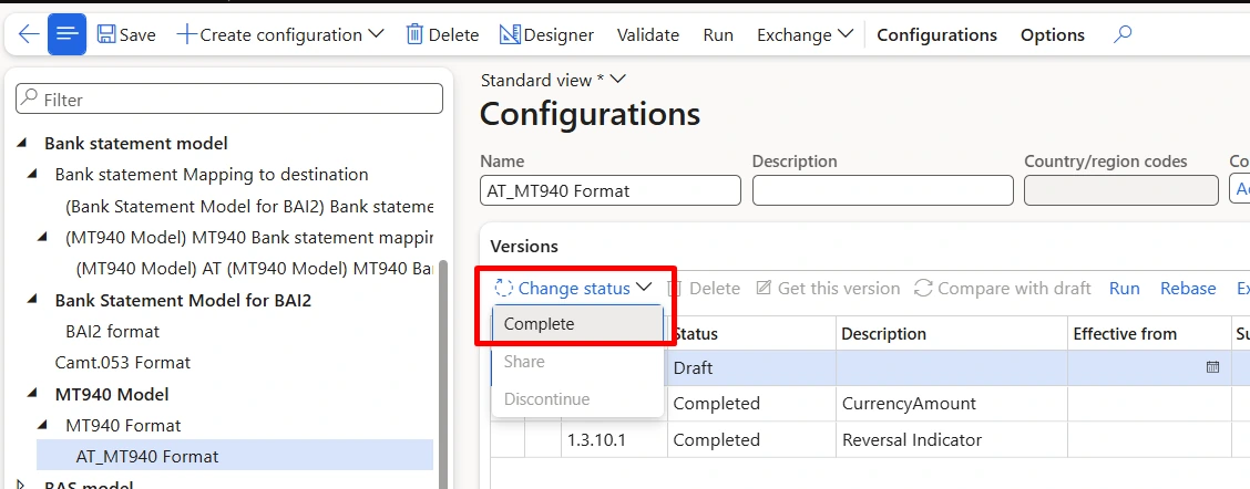 Changing a derived configuration version from Draft to Completed