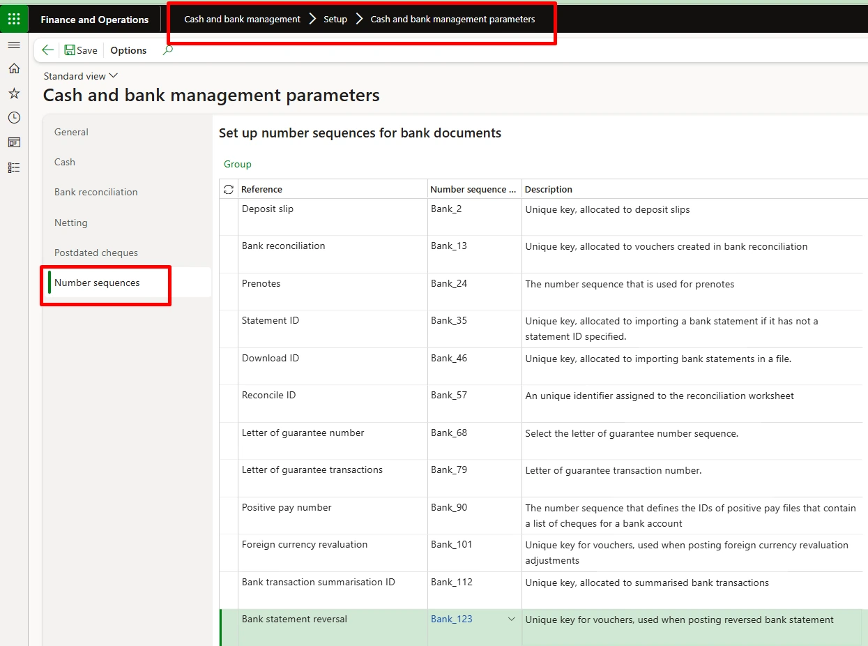 Number sequence references for bank reconciliation