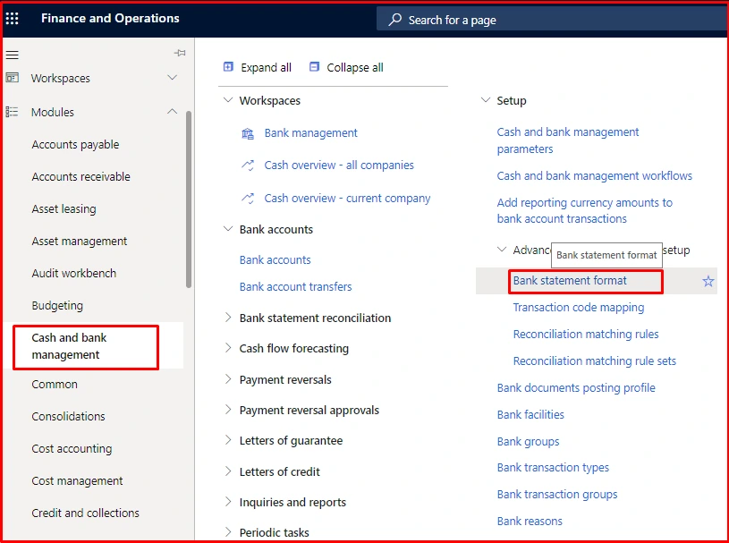 Navigating to Bank statement format