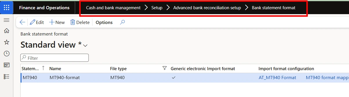 Bank statement format pointing at the ER import format configuration