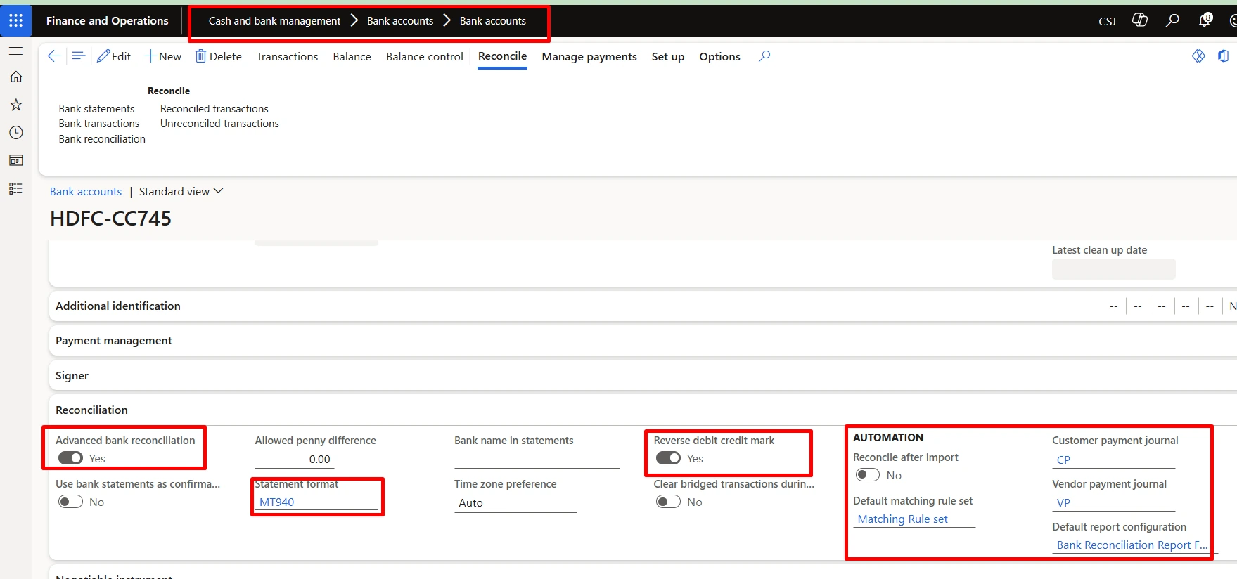 Bank account Reconciliation FastTab with advanced bank reconciliation enabled