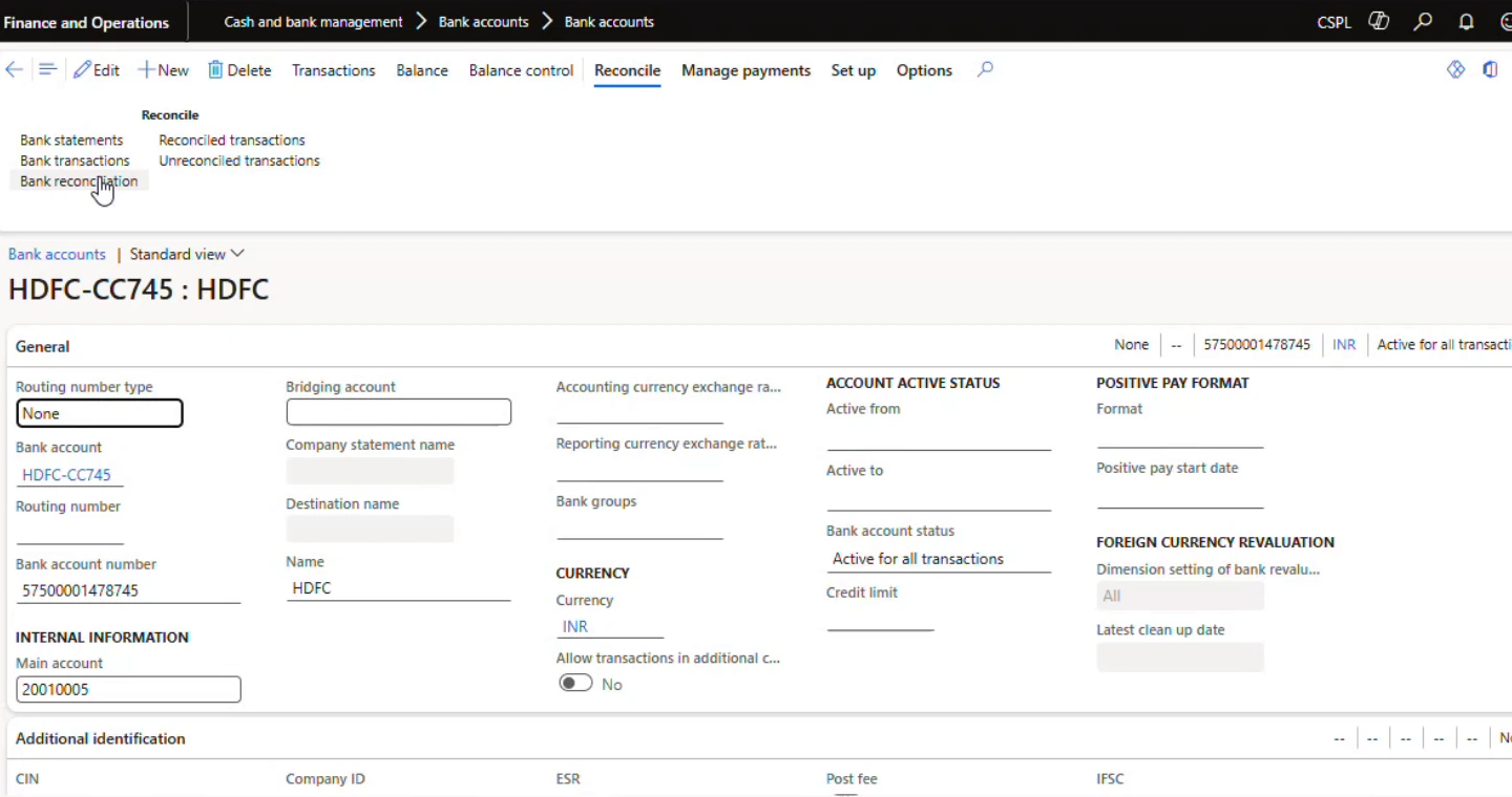 Bank account configured for advanced bank reconciliation in the target environment