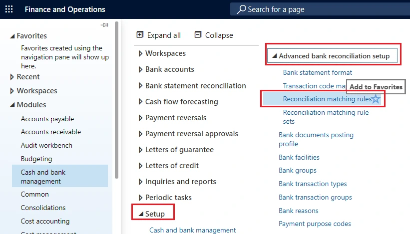 Navigating to Reconciliation matching rules