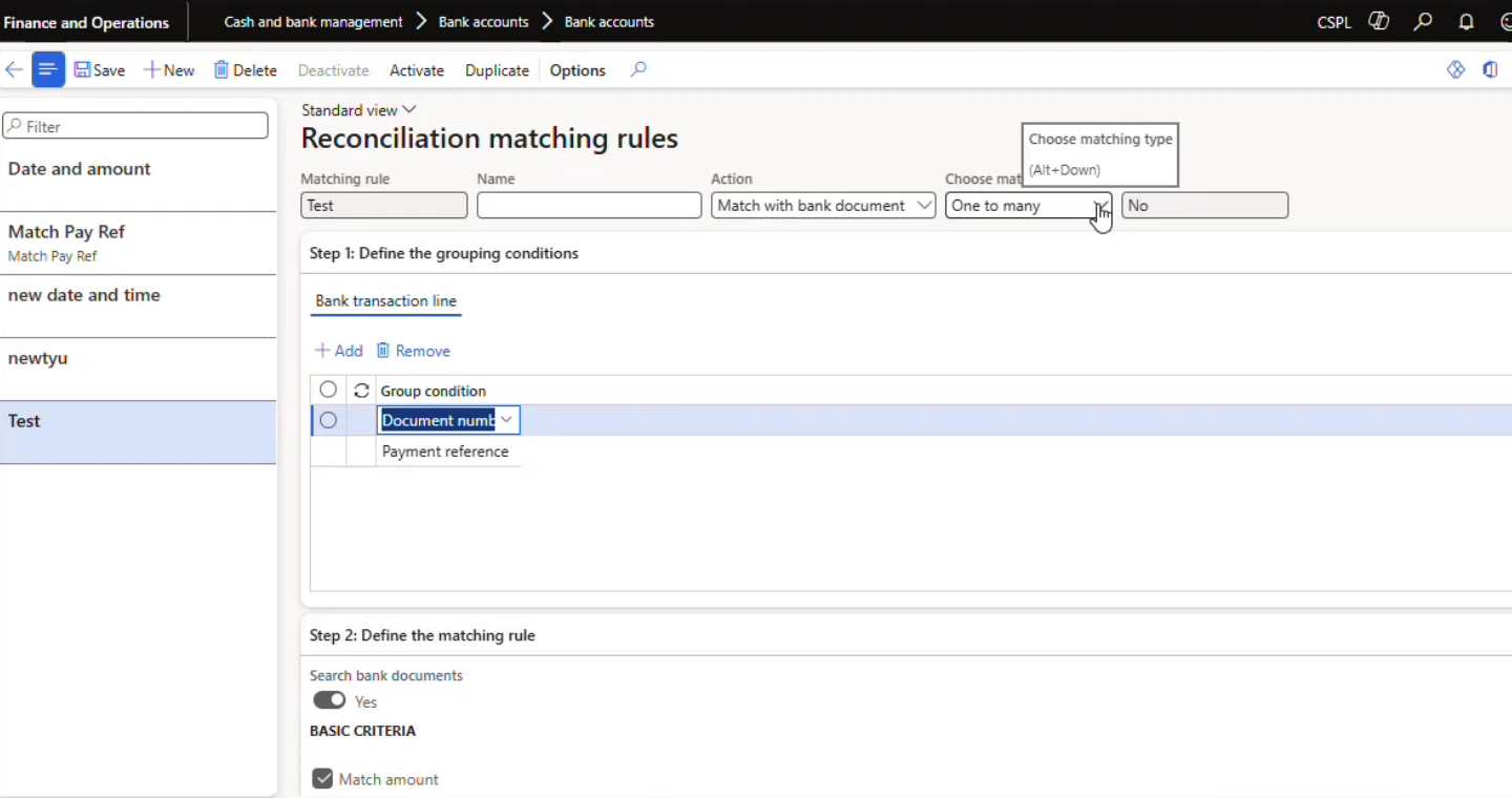 Reconciliation matching rule — grouping conditions and matching type, target environment