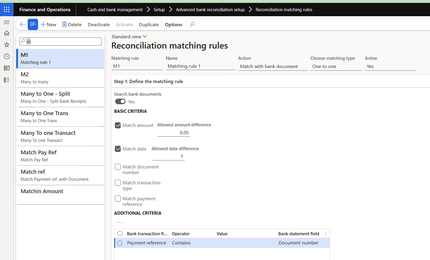 Matching rule criteria — amount, date, document number and payment reference