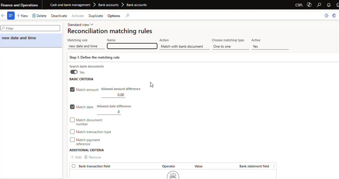 Matching rule criteria under Modern bank reconciliation