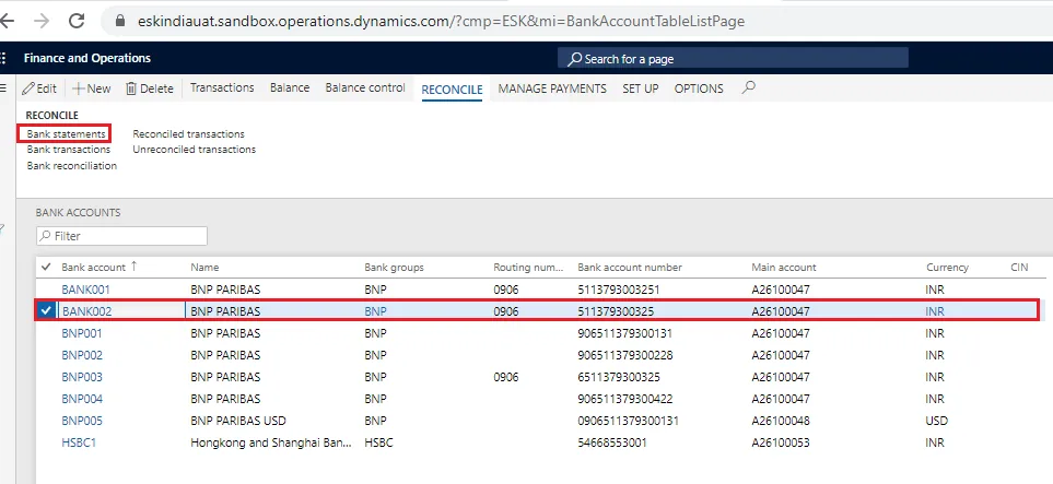 Reaching Bank statements from the bank account Reconcile tab