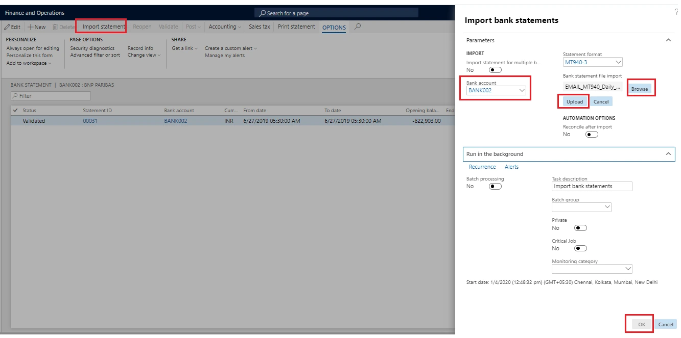The Import bank statements dialog