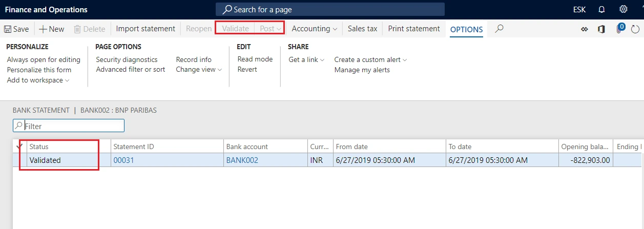 Validating an imported bank statement