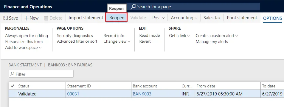 Re-open returns a validated statement to Open status