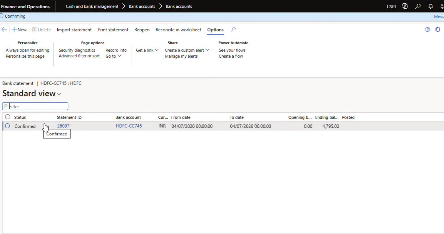 Bank statements list showing a confirmed statement in the target environment