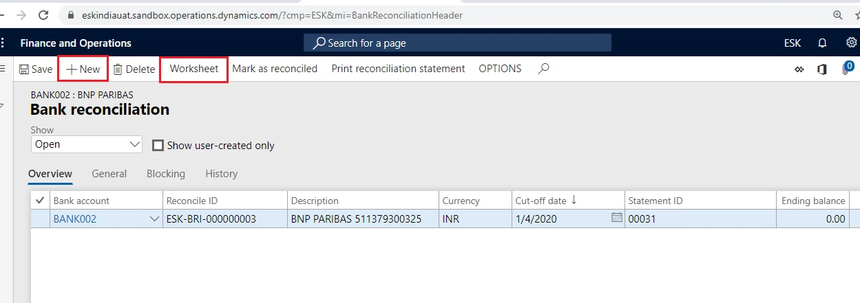 Creating a new bank reconciliation