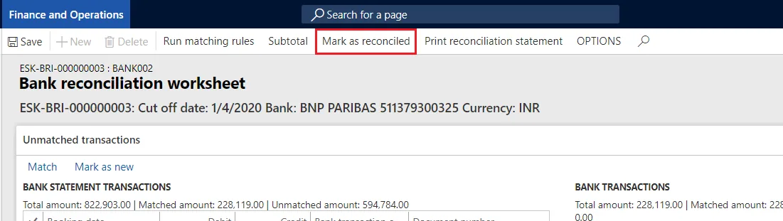 Marking the reconciliation worksheet as reconciled