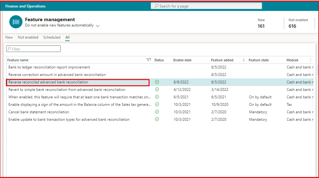 Enabling Reverse reconciled advanced bank reconciliation in Feature management