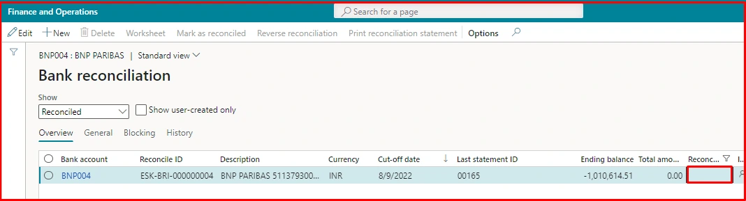 The reconciliation record showing Reconciled reverted to false