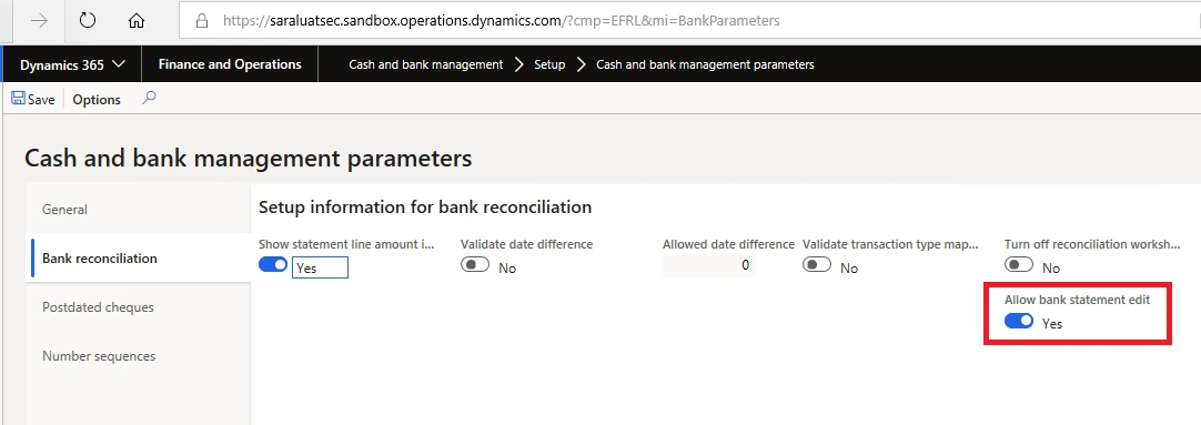 Enabling Allow bank statement edit in parameters