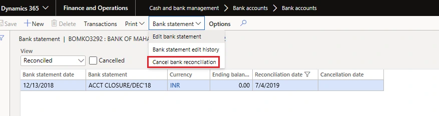 The Cancel bank reconciliation action