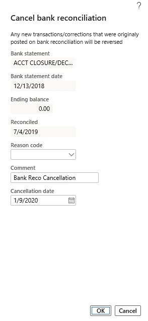 Cancel bank reconciliation dialog