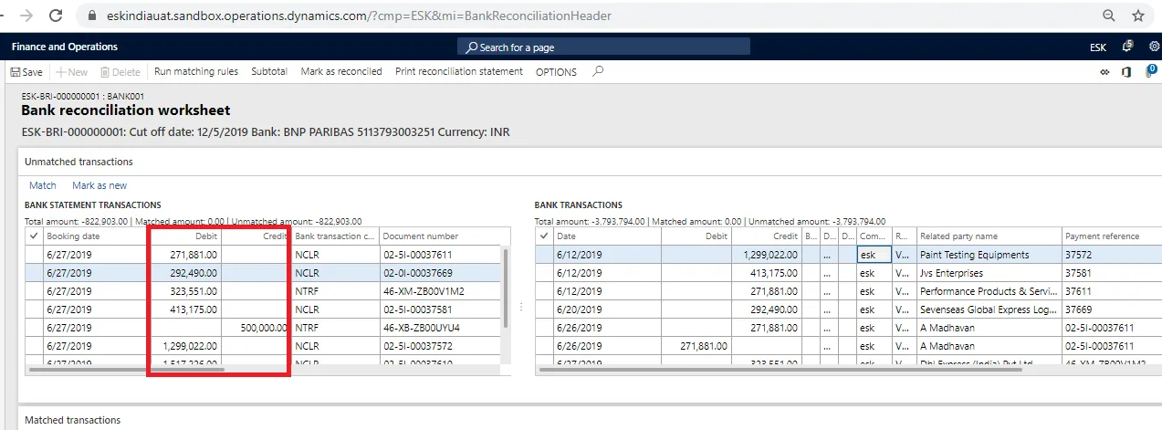 Before correction — statement lines and bank transactions on the same side and unable to match