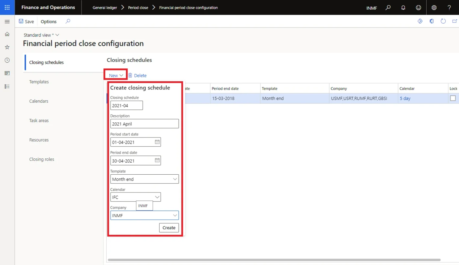 Mapping task areas, calendar, template, resources and closing roles into a schedule