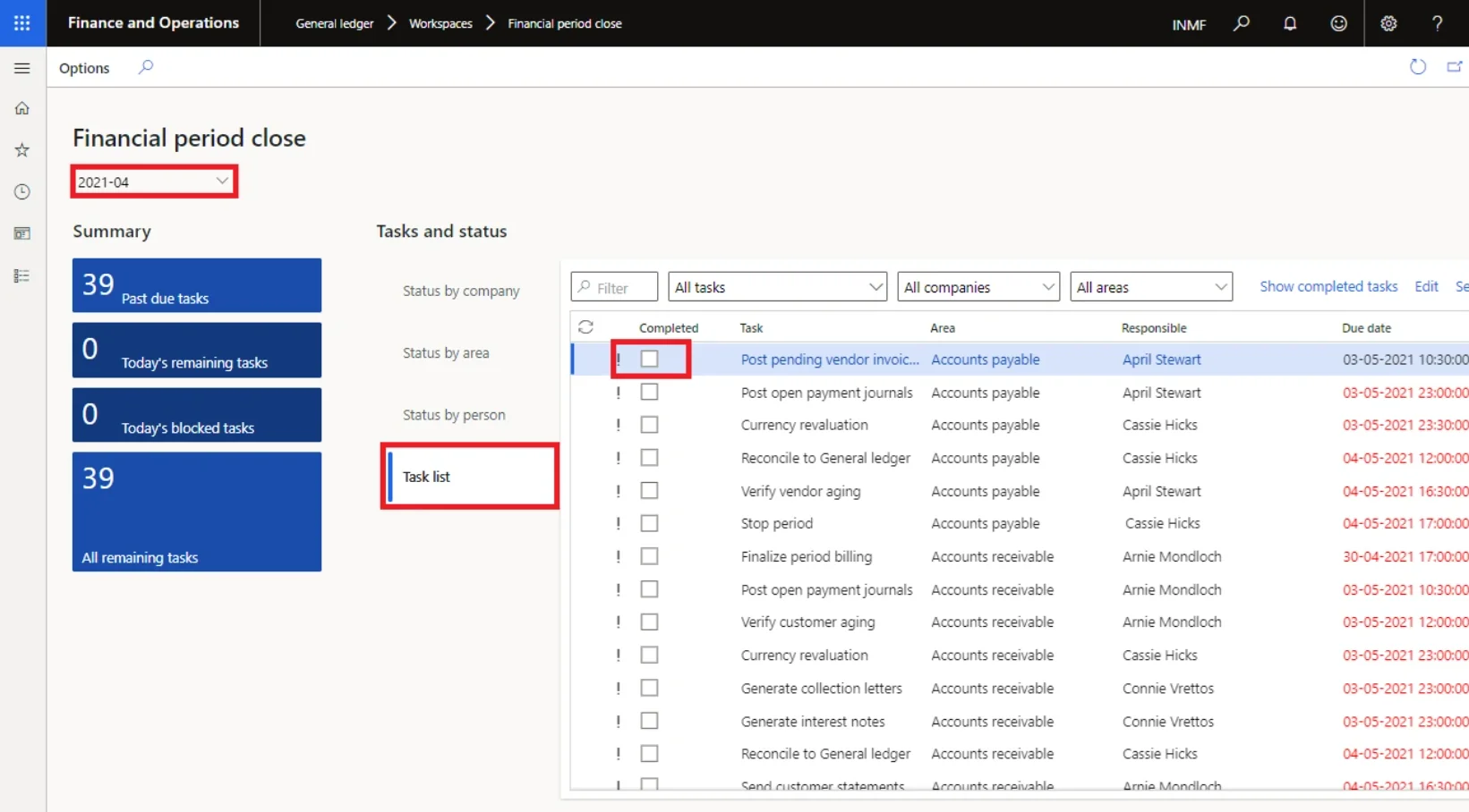 Selecting the template and working the task list