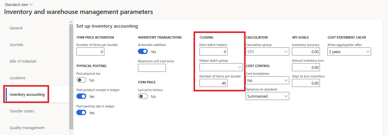Inventory close parameters under Inventory accounting > Closing